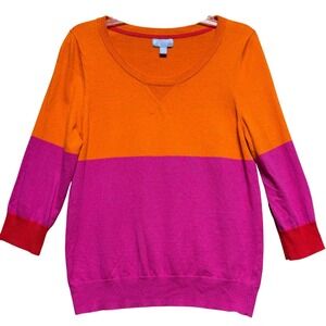 JCP Womens XL Cashmere Blend Colorblock Sweater Orange Fuchsia‎ 3/4 Sleeve